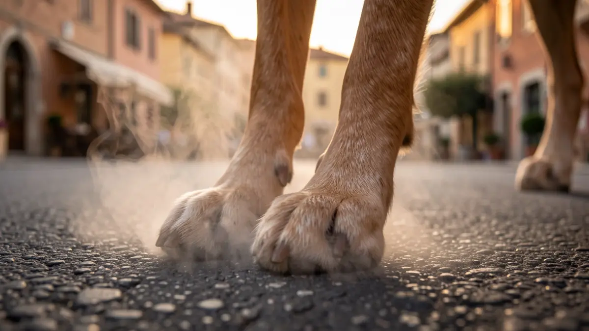 Primer plano de la almohadilla de la pata de un perro sobre asfalto caliente con calor ascendente.