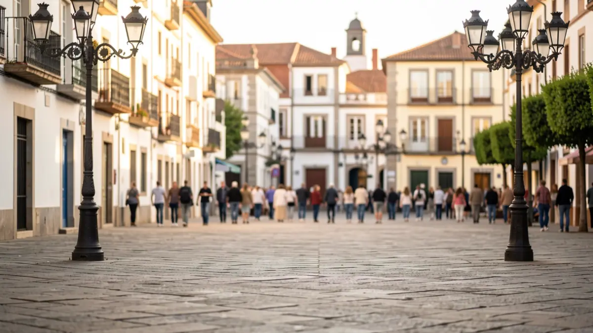 Imagen de una plaza empedrada en Canarias con farolas de hierro y edificios históricos al fondo.