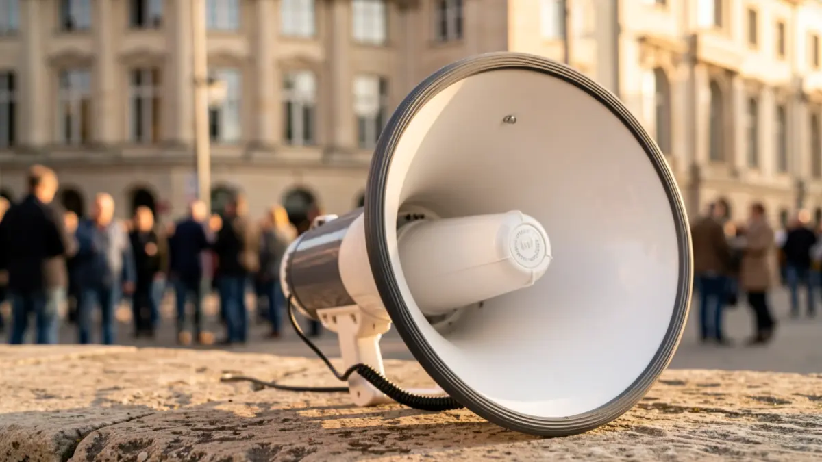 Generic image of a megaphone in front of a municipal building.