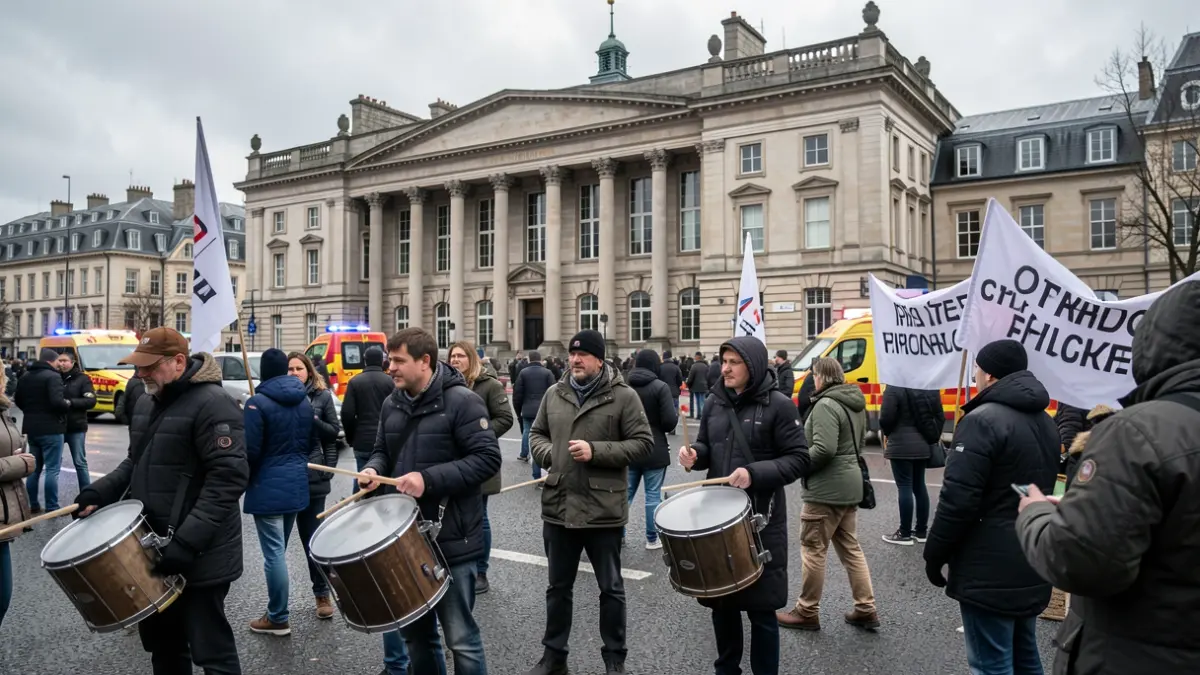 Generic image of a labor protest in front of an institutional building.