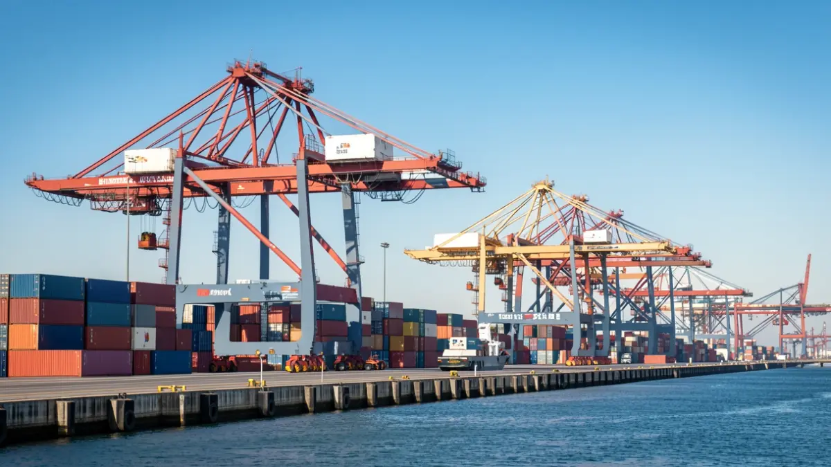 Imagen genérica de un puerto comercial con grúas y contenedores.