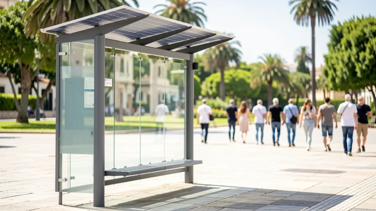 Image of a modern bus stop with shade elements and solar chargers in an urban setting.