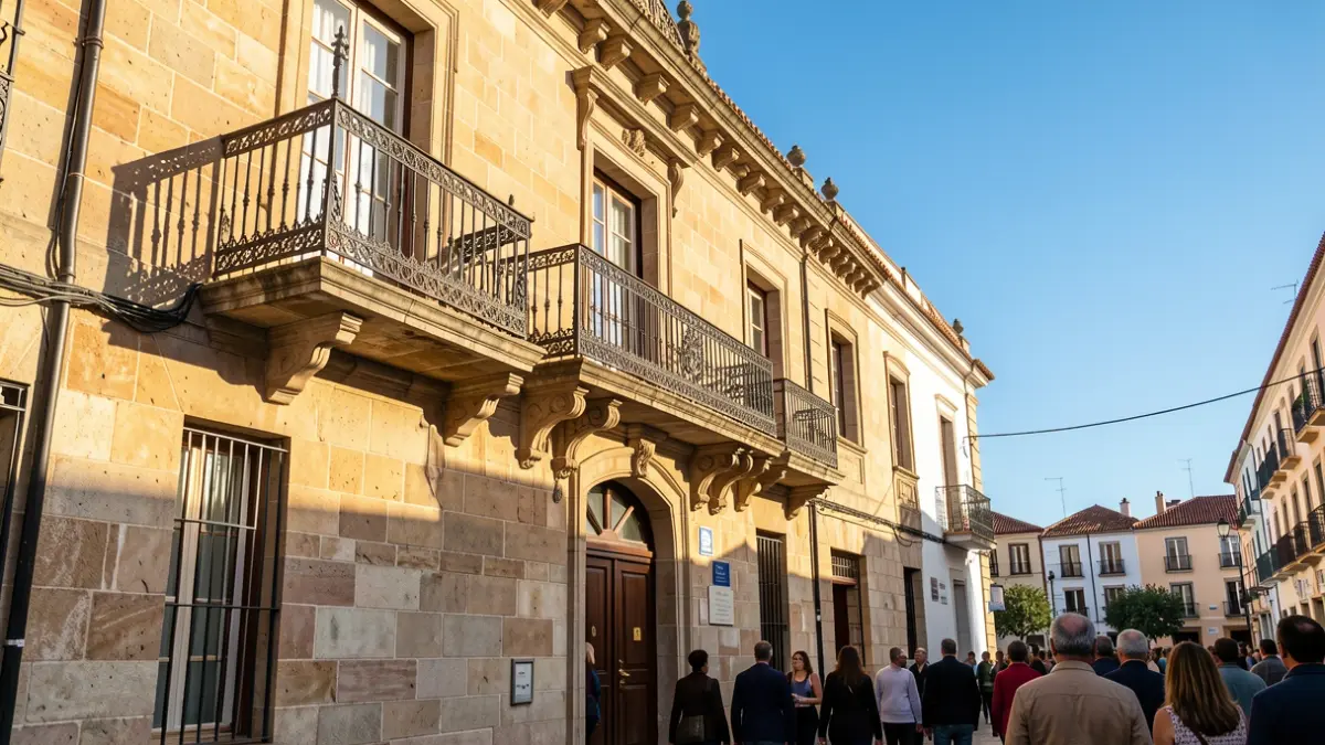 Fachada de piedra de un ayuntamiento canario con balcón de hierro bajo la luz del sol.