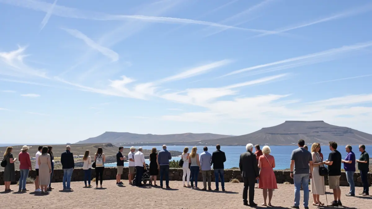 Clear and sunny sky over Puerto del Rosario, Fuerteventura, with a gentle breeze.