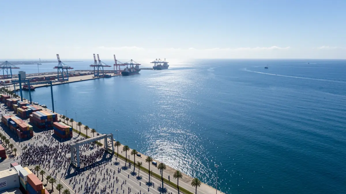 Aerial view of the port of Las Palmas with cargo ships and cranes.
