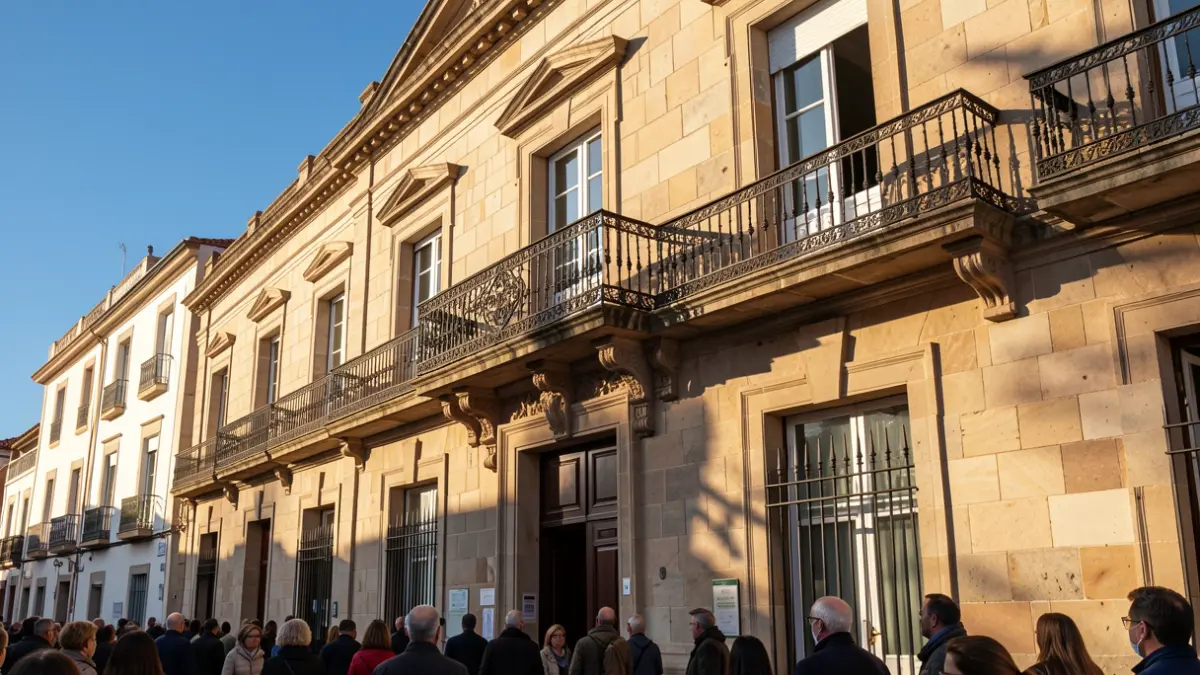 Stone facade of a Canarias town hall with ornate balcony and iron railings, warm afternoon sunlight.