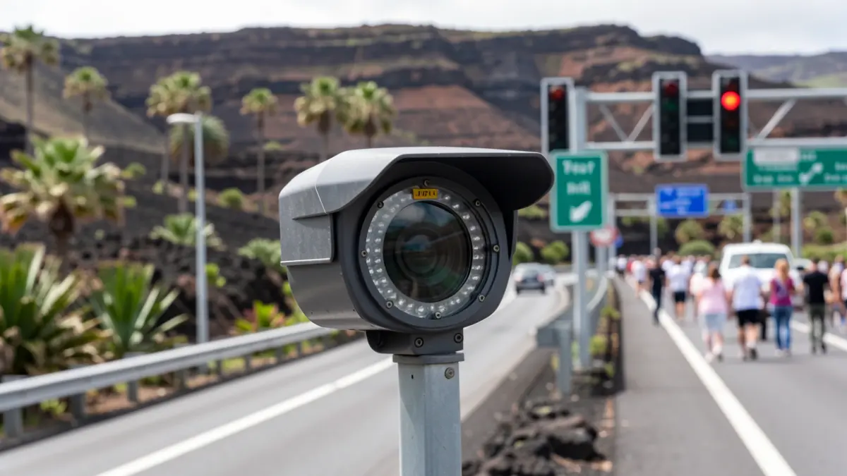 Image of a speed camera on a road in Tenerife, with volcanic landscape in the background.
