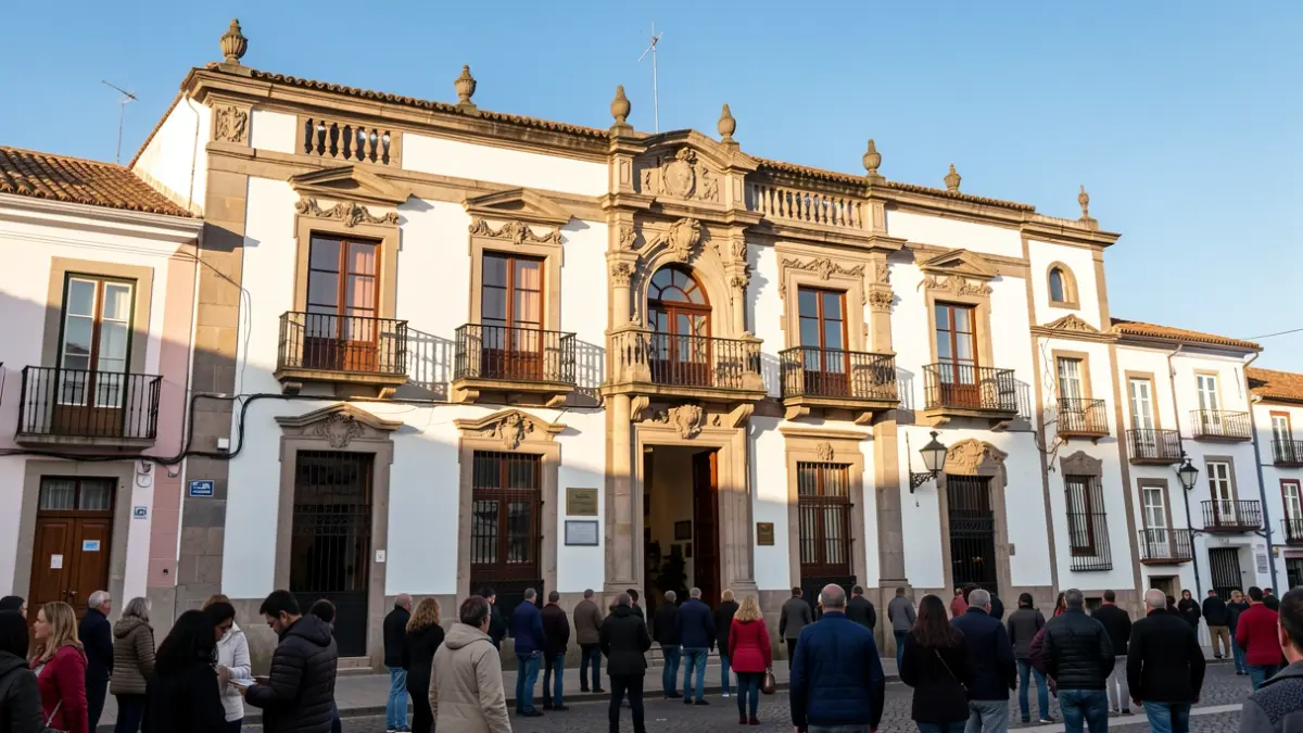 Fachada de un ayuntamiento tradicional canario con balcones ornamentados y barandillas de hierro, bajo la luz cálida de la tarde.
