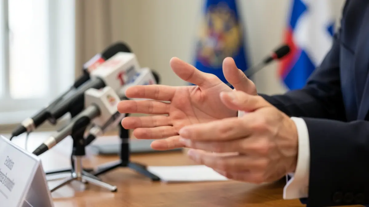 Close-up of a university rector's hands gesturing during a press conference.
