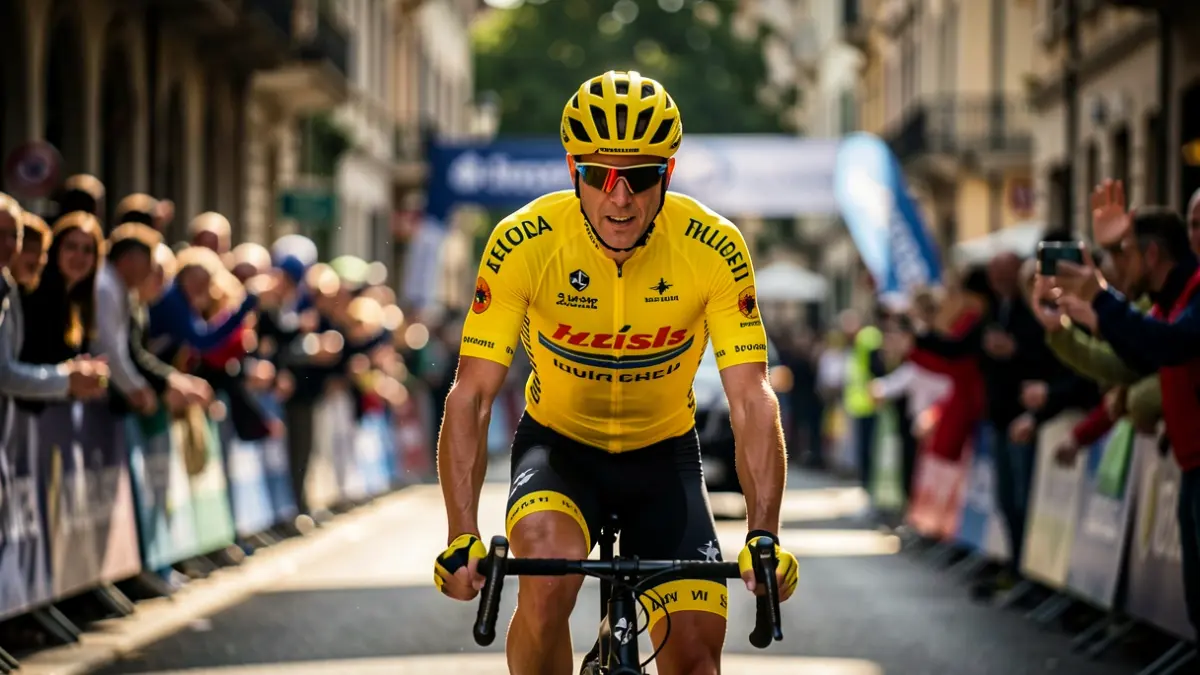 Cyclist in yellow jersey crosses the finish line in Arucas.