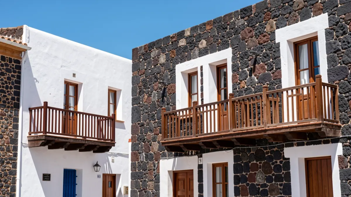 Fachada de edificios tradicionales en Canarias con detalles arquitectónicos.