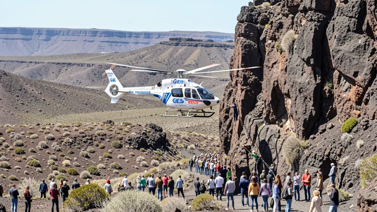 Helicóptero del GES rescatando a una senderista accidentada en el Parque Nacional de la Caldera de Taburiente, La Palma.