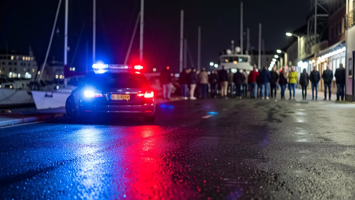 Generic image of emergency lights reflecting on asphalt during a night intervention.