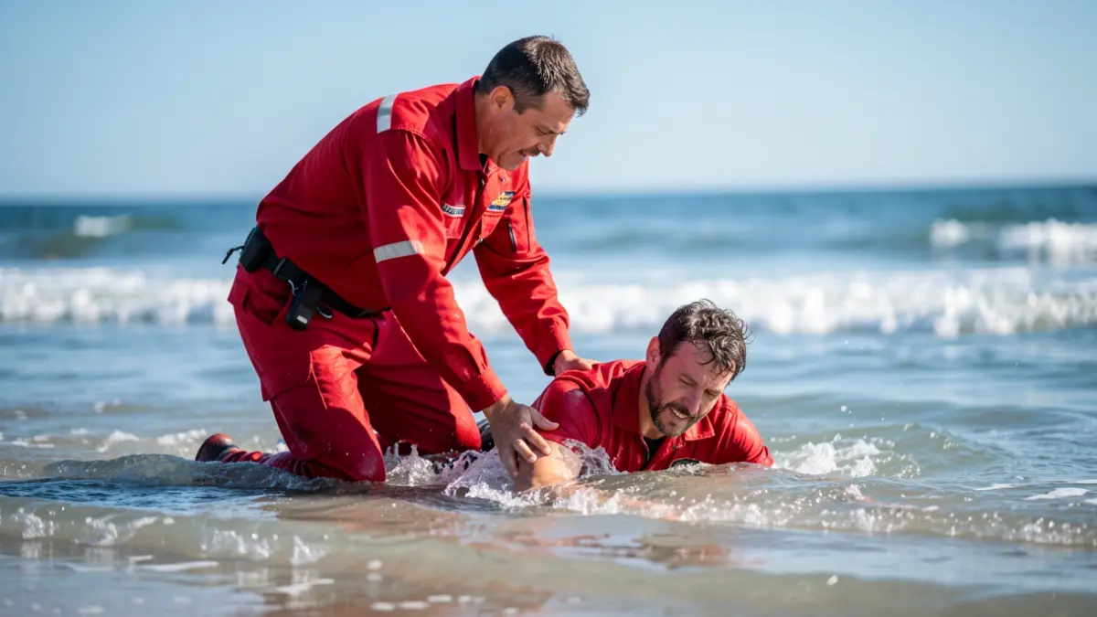Socorrista ayudando a un hombre con signos de ahogamiento en la playa de Puerto Naos.