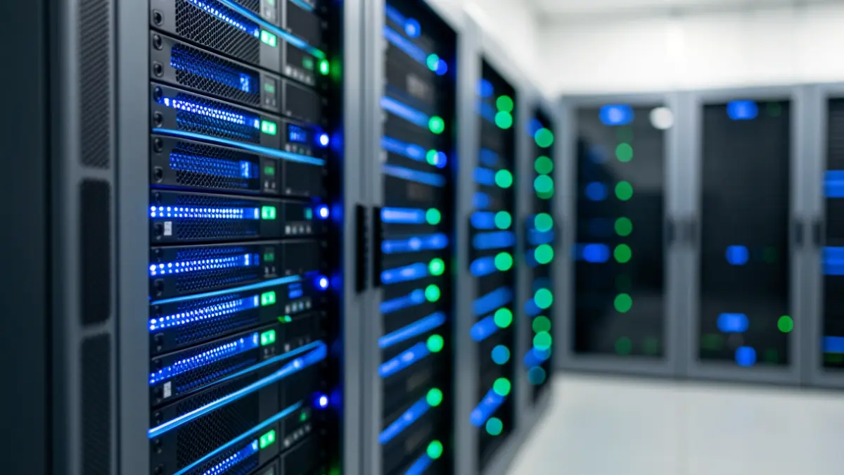Generic image of computer servers with LED lights.