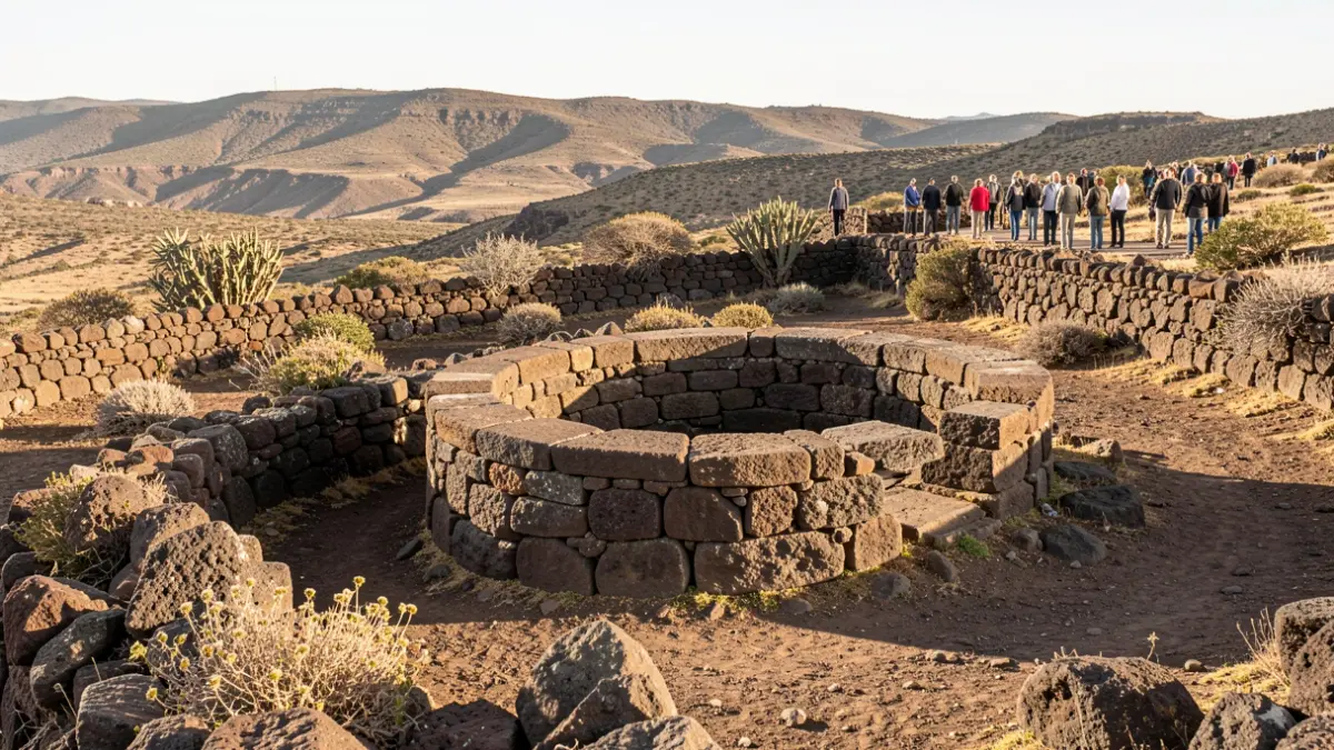 Generic image of an ancient stone well in an arid landscape of the Canary Islands.