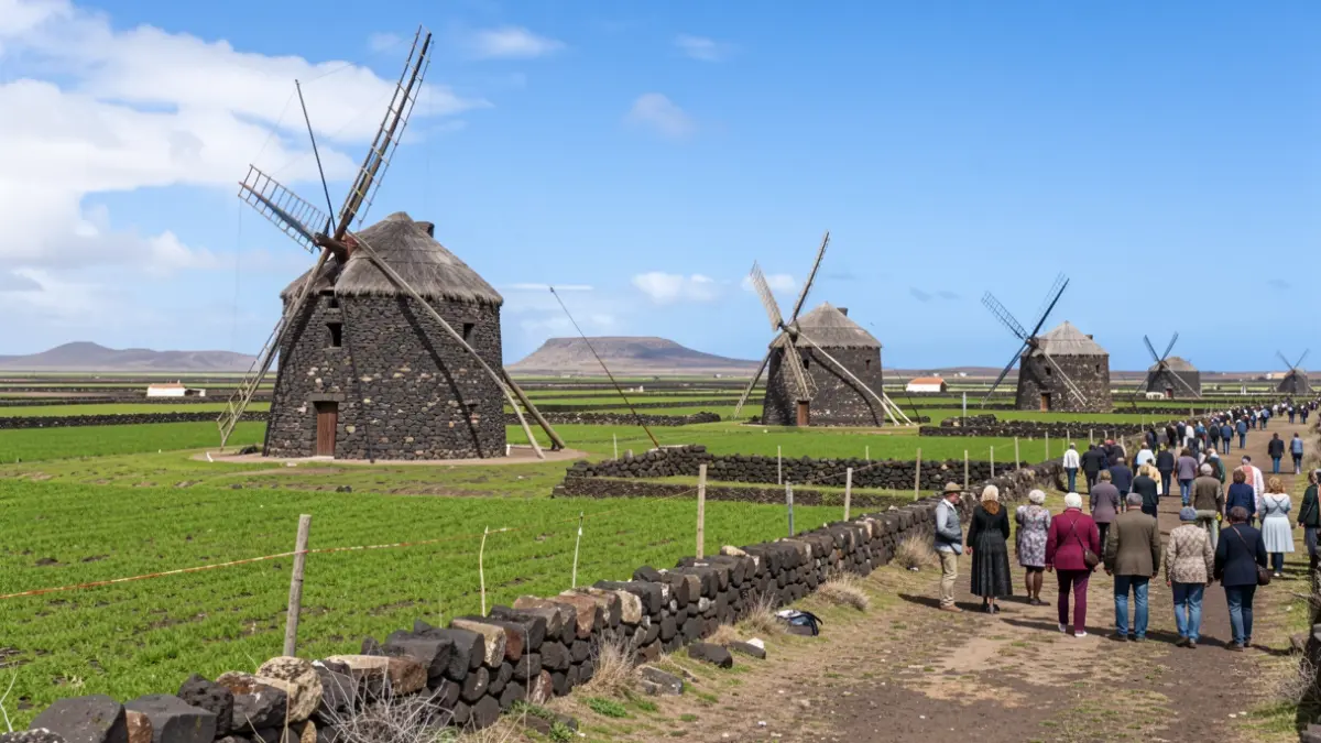 Molinos de Villaverde en Fuerteventura durante trabajos de restauración.