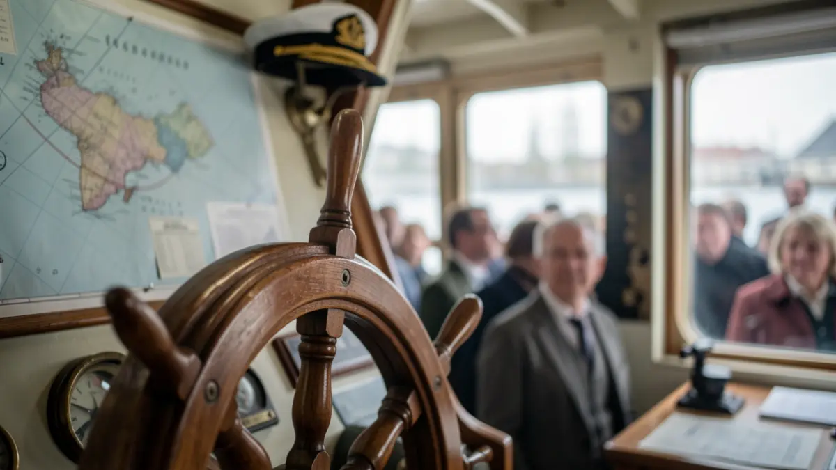 Ship's steering wheel with nautical charts and a captain's hat in the background.