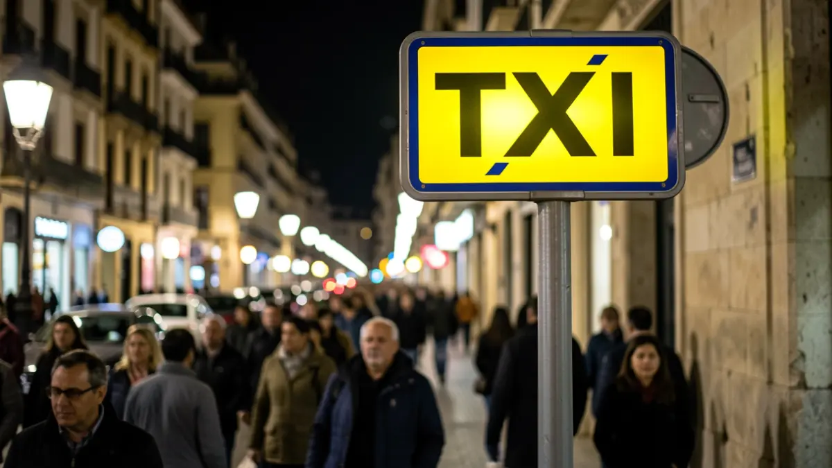 Imagen genérica de un letrero de taxi iluminado por la noche en una ciudad española, con luces urbanas borrosas al fondo.