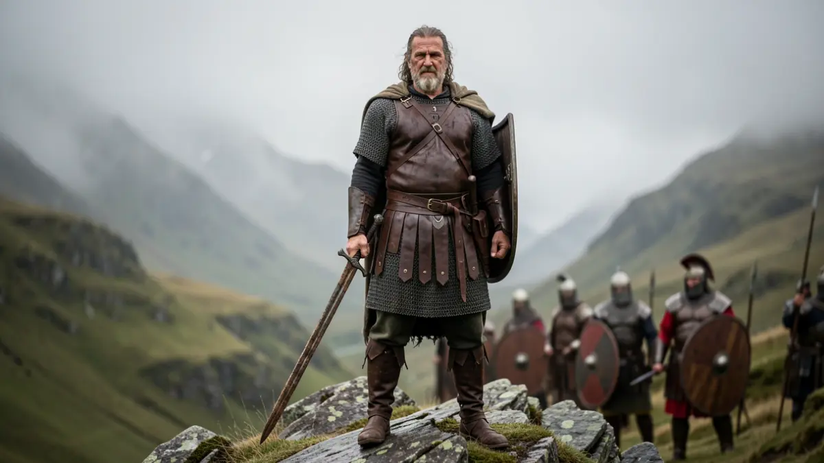 Russell Crowe as a Celtic leader in a mountainous landscape.