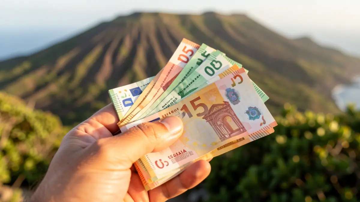 Hands holding euro banknotes with a Canary Islands volcanic landscape in the background.