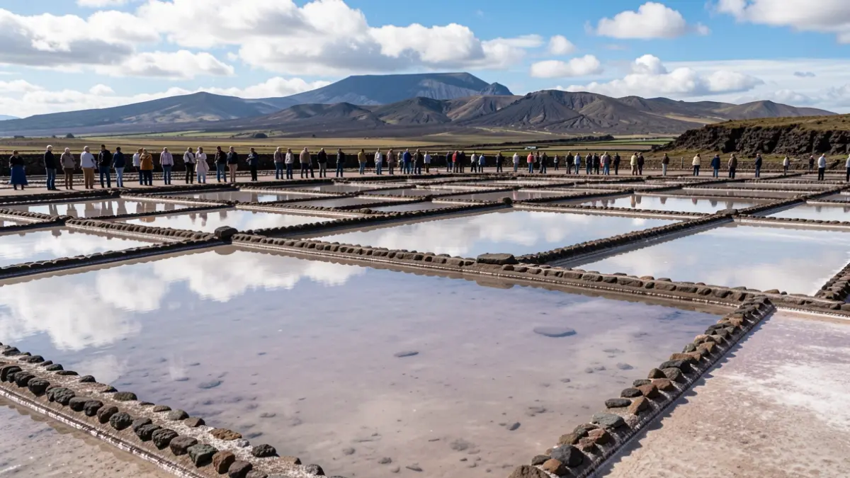 Generic image of traditional salt pans with shallow pools and volcanic landscape in the background.