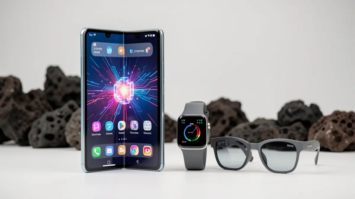 Image of new Samsung Galaxy devices with AI: foldable phone, smartwatch, and smart glasses.