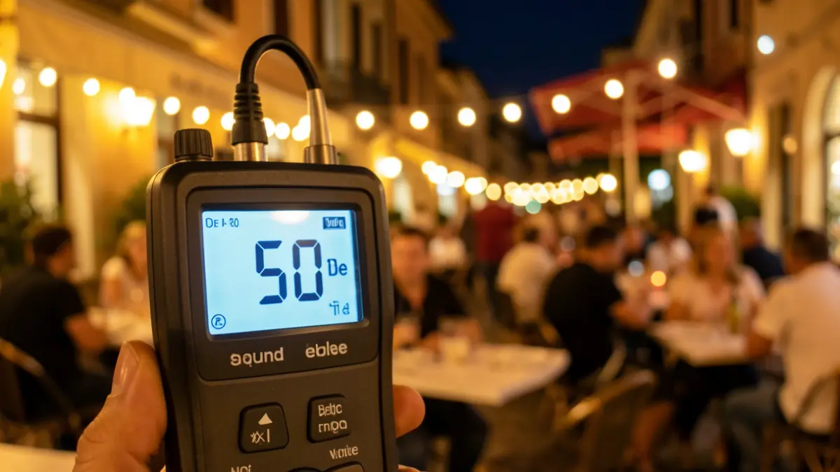 Medidor de decibelios mostrando 50dB en una terraza nocturna.