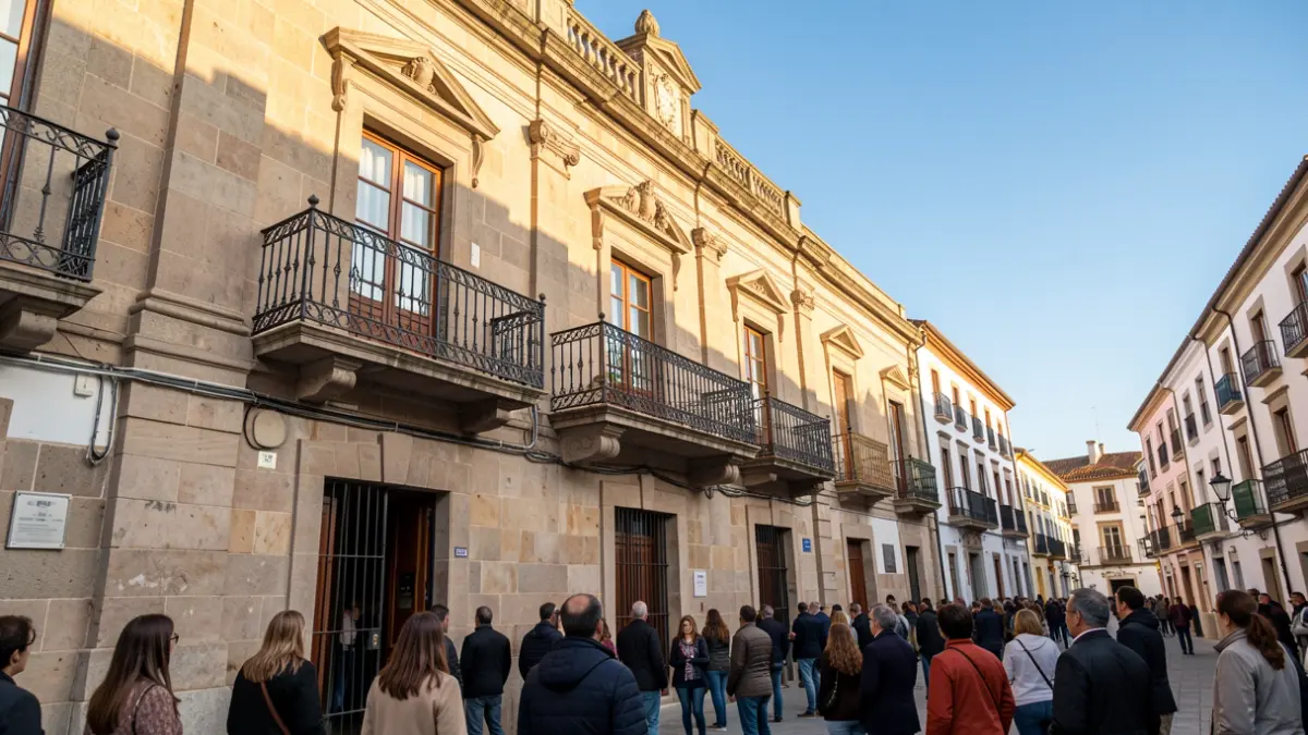 Stone facade of a Canarian town hall with an iron balcony under sunlight.