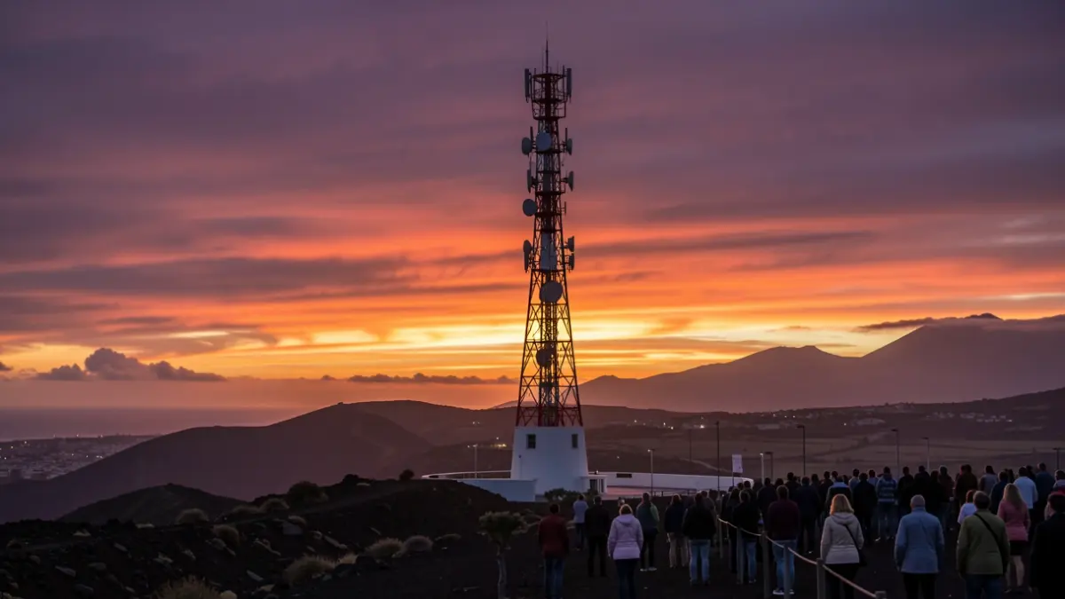 Telecommunications tower at sunset in a volcanic landscape of the Canary Islands.