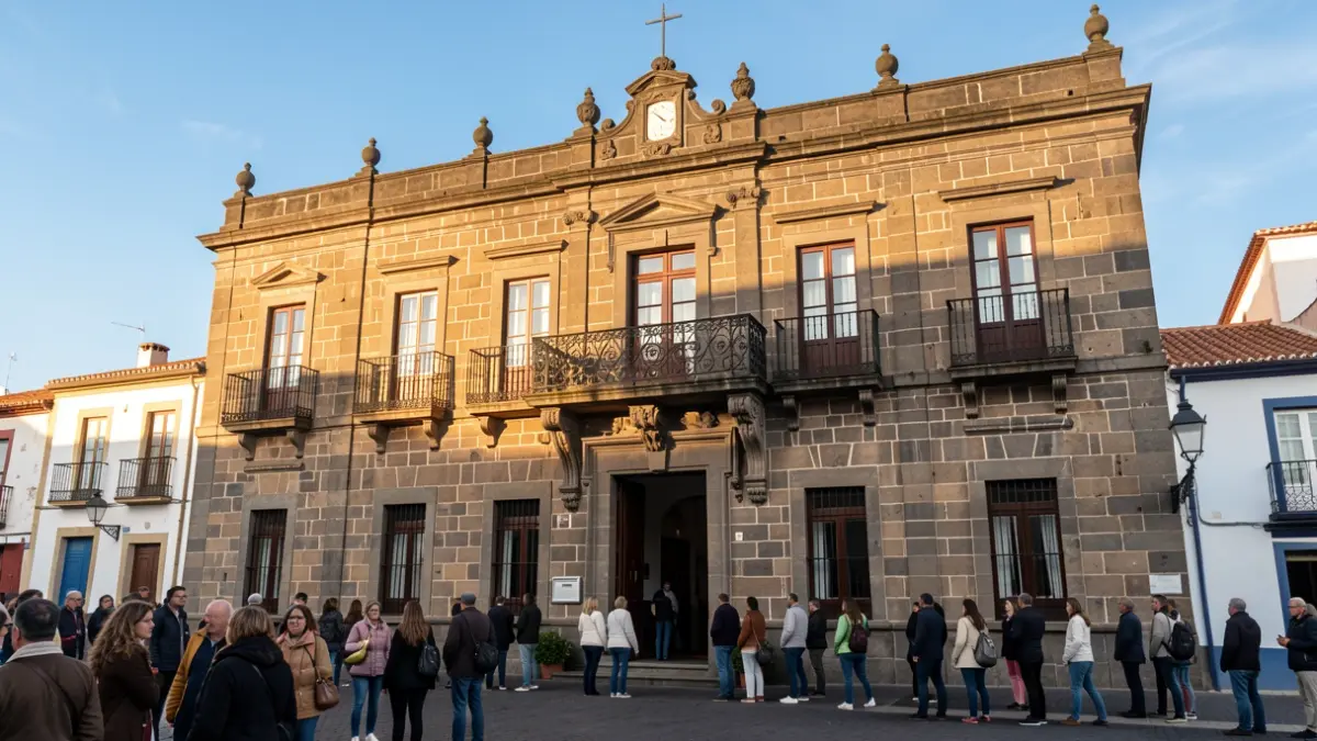 Facade of a traditional Canarian town hall with a balcony and stone details.