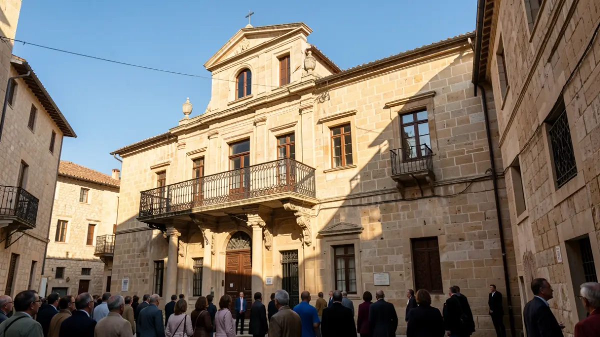 Stone facade of an institutional building with a traditional balcony under sunlight.