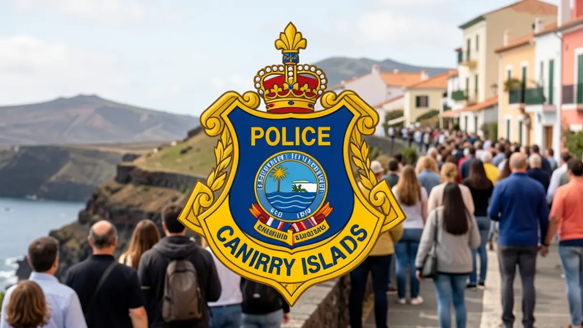 Canary Islands Police symbol with a subtle background of the Canary Islands' volcanic landscape.
