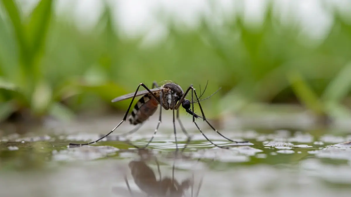 Primer plano de un mosquito sobre una superficie húmeda con vegetación borrosa al fondo.