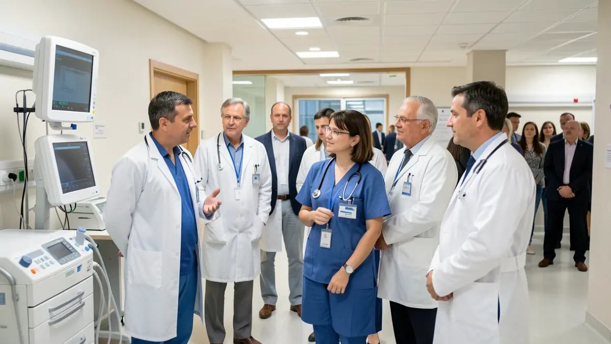 Generic image of medical specialists observing equipment in a hospital.