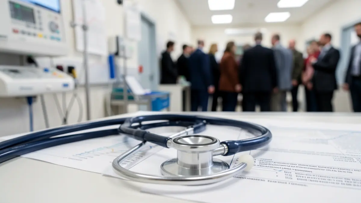 Generic image of a medical stethoscope on a background of hospital equipment.