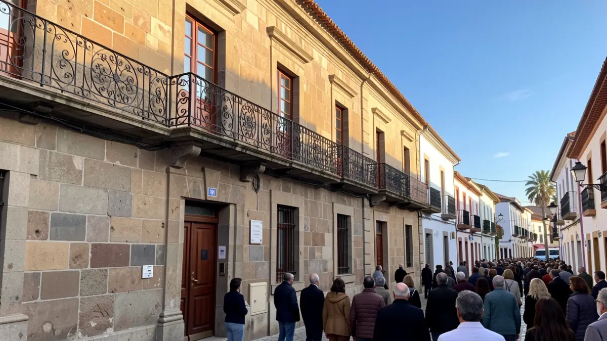 Fachada de piedra de un ayuntamiento canario con balcón de hierro forjado bajo la luz de la tarde.
