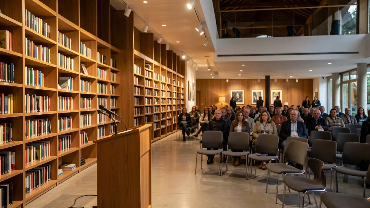 Interior of a cultural center with empty chairs and a podium, representing event preparation.