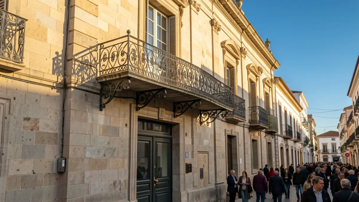 Stone facade of a Canarian town hall with an ornate iron balcony under sunlight.
