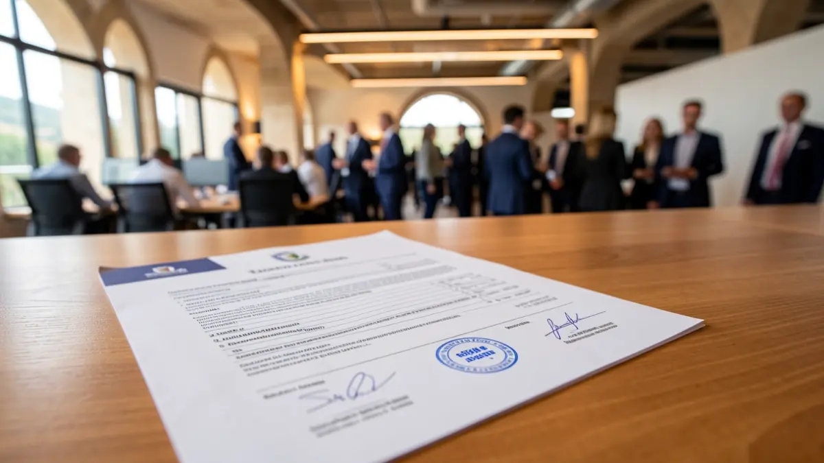 Imagen de un documento de registro de empresas con sellos oficiales sobre un escritorio.