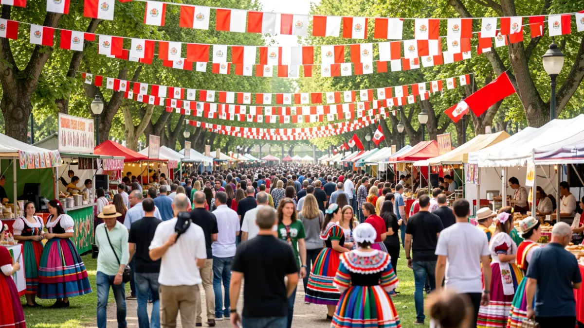 Imagen genérica de una feria cultural peruana en un parque con banderas y puestos de comida.