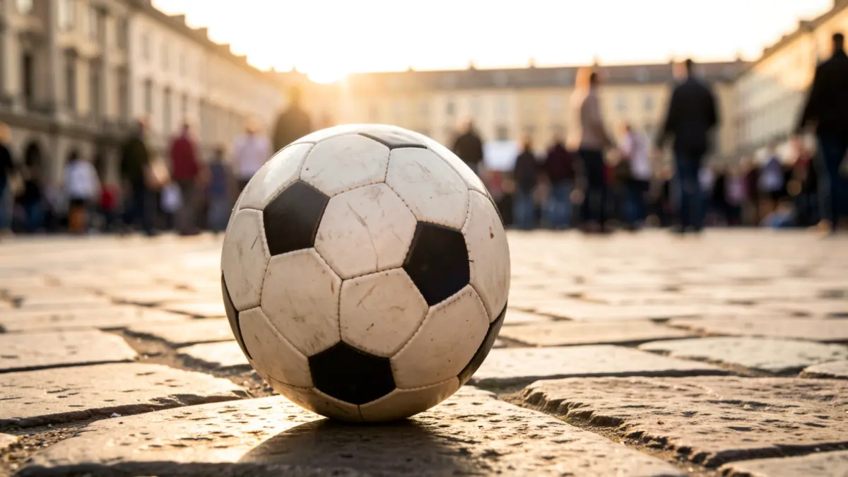 Generic image of a soccer ball in an outdoor public space.