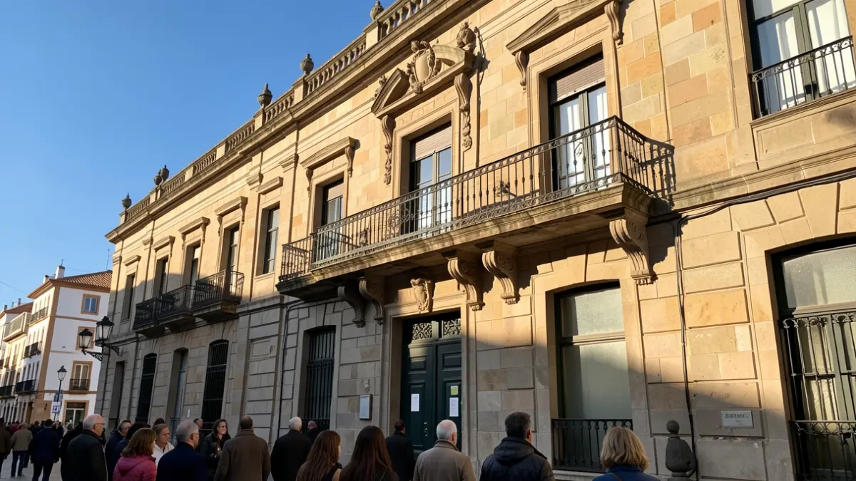 Fachada de piedra de un ayuntamiento canario con balcón y barandillas de hierro, luz de sol de la tarde proyectando sombras sobre las paredes de arenisca, cielo azul.