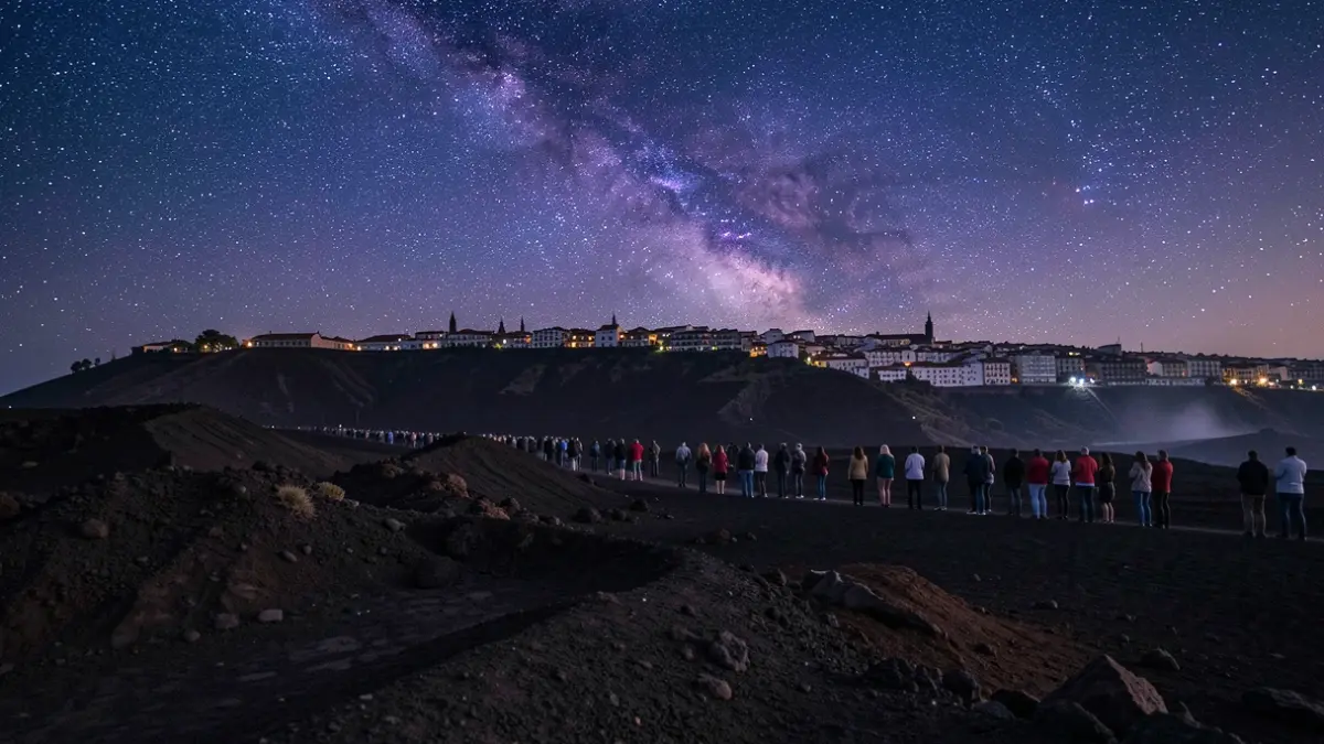 Cielo nocturno estrellado sobre un paisaje volcánico con la silueta de un municipio en la distancia.