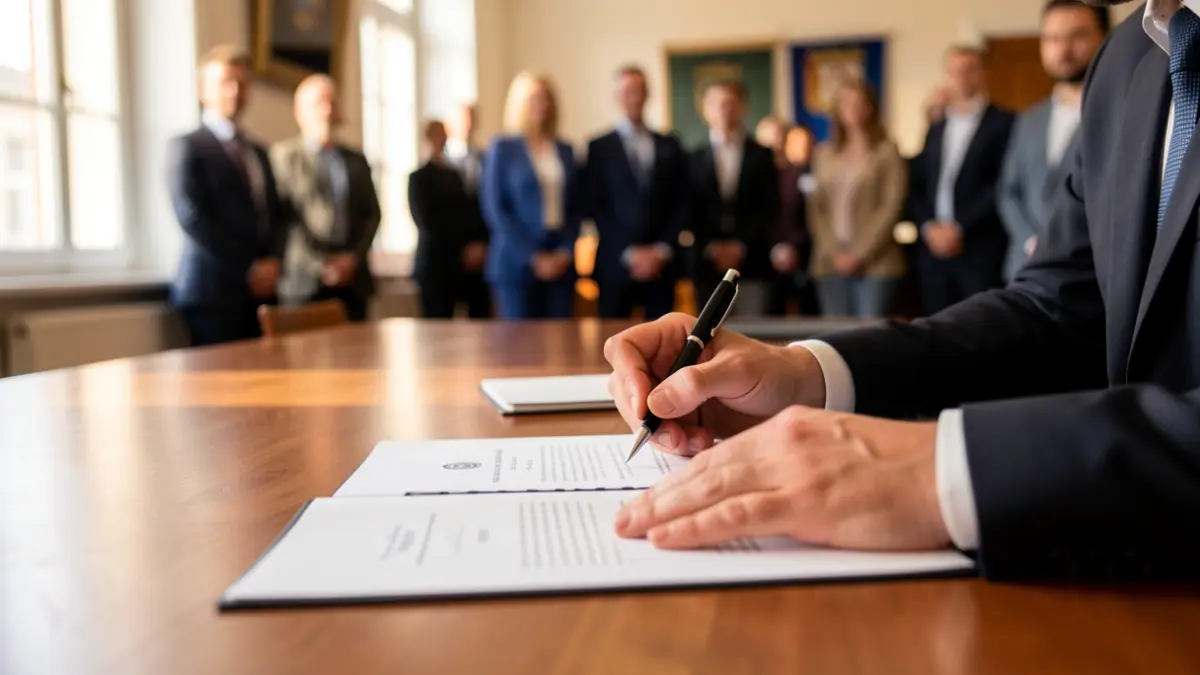 Image of hands signing official documents in a municipal office.