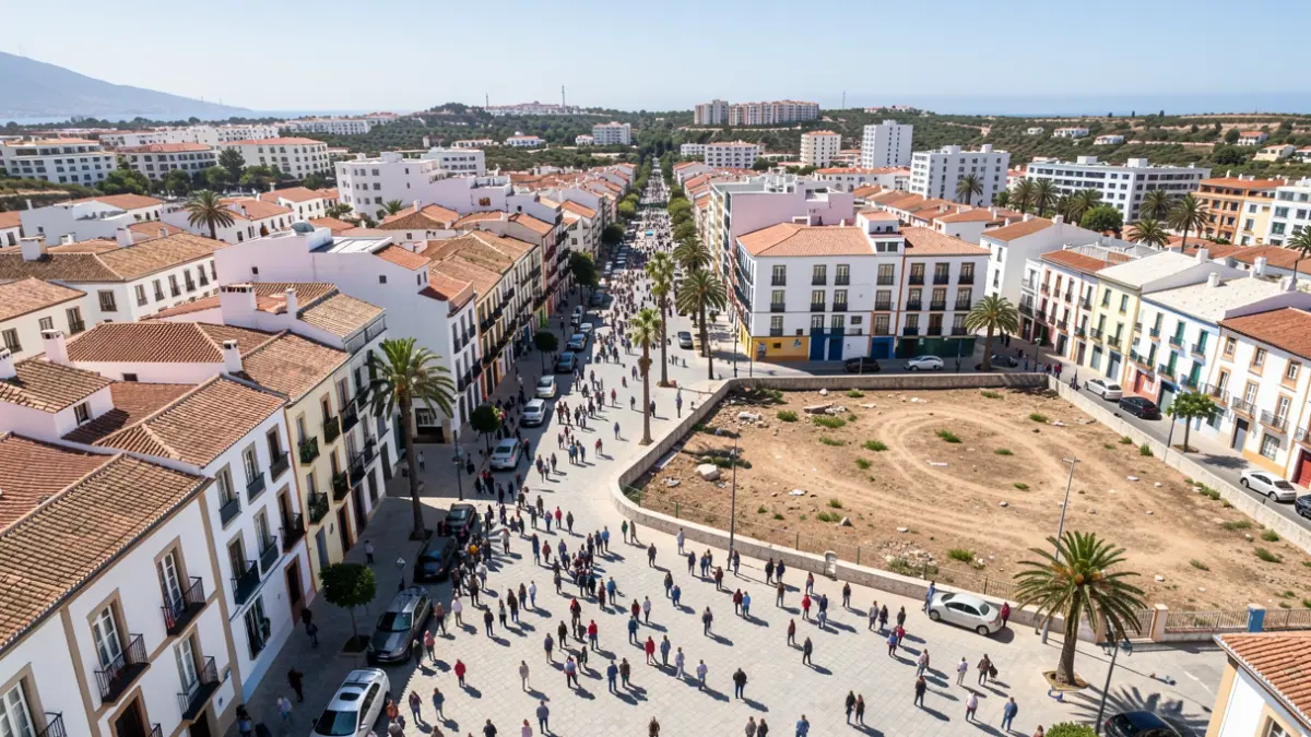 Aerial view of an urban square in Canarias with modern and traditional buildings, showing the former gas station area.