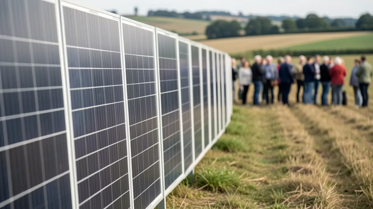 Instalación de paneles solares verticales en una finca agrícola.