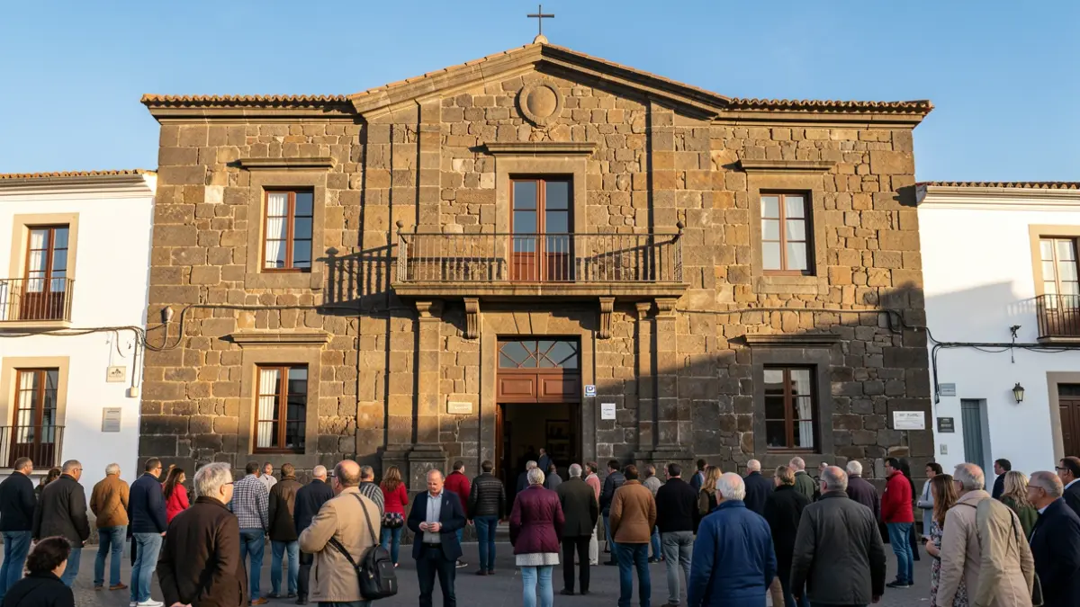 Fachada de un ayuntamiento tradicional canario con arquitectura de piedra y balcón, bajo la luz del sol de la tarde.