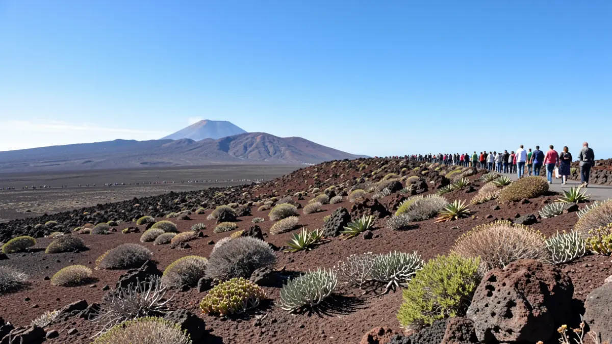 Volcanic landscape of Santiago del Teide under a clear sky.