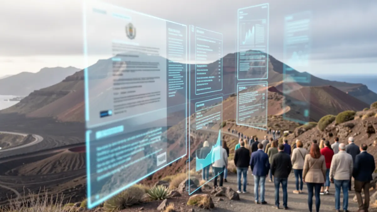 Representación abstracta de transparencia y datos con elementos de documentos oficiales y paisajes volcánicos de Canarias.
